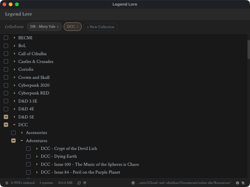 Legend Lore — browsing a TTRPG PDF collection